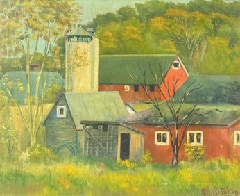EXHIBITED FARM BUILDINGS PAINTING BY OTTO SOUKUP