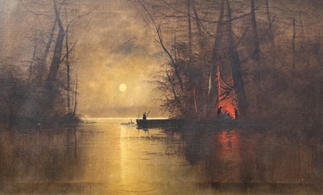 NOCTURNAL MOONLIT LAKESIDE LANDSCAPE PAINTING