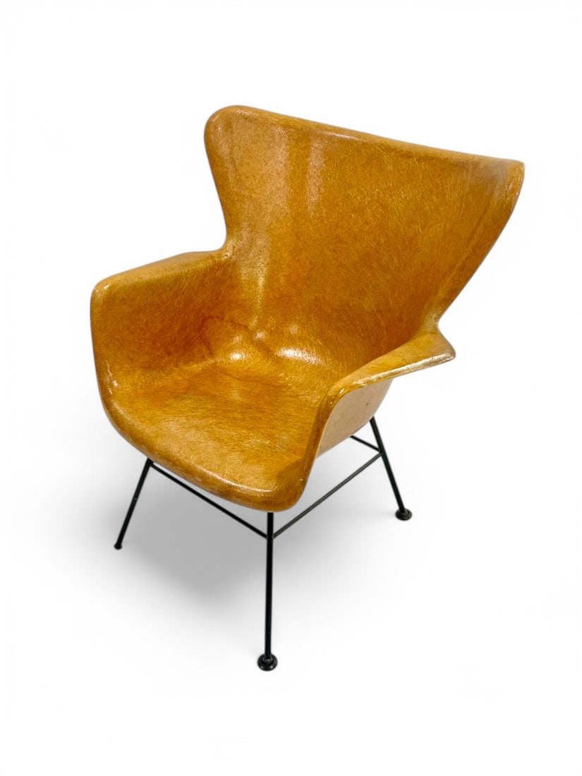 LAWRENCE PEABODY FOR SELIG MID-CENTURY CHAIR: LAWRENCE PEABODY FOR SELIG MID-CENTURY CHAIR: Wingback fiberglass shell Armchair with Wrought Iron frame by Lawrence Peabody for Selig, 1955. Shock-mounts intact. Approx. 33" h x 27.625" w x 27" d.