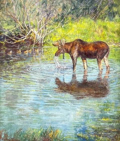 ARLINE TINUS WATERING MOOSE PAINTING