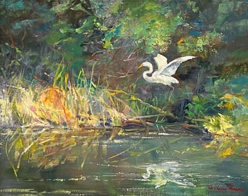 ARLINE TINUS EGRET IN FLIGHT PAINTING