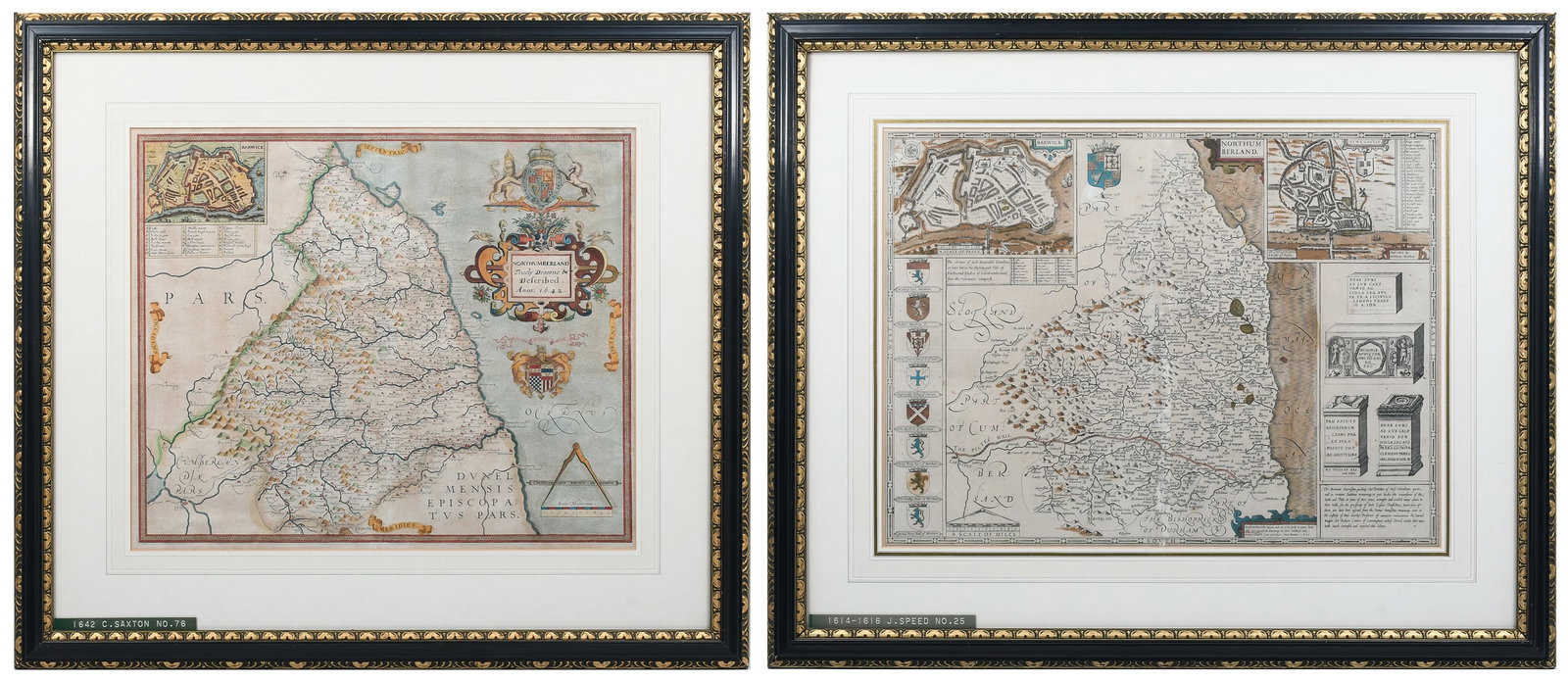 PAIR OF ANTIQUE NORTHUMBERLAND MAPS: PAIR OF ANTIQUE NORTHUMBERLAND MAPS: 1) Map of Northumberland with insert maps of Barwick and Newcastle as well as informational inserts showing coats-of-arms for prominent families, framed, 24" x 29"