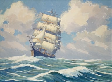 A.J. SCHRAM CLIPPER SHIP AT SEA PAINTING