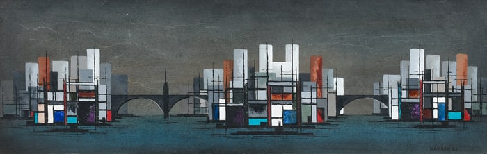 MID-CENTURY METROPOLIS PAINTING SIGNED HANSEN
