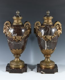 PAIR NEOCLASSICAL ROUGE URNS W/ FRENCH MOUNTS