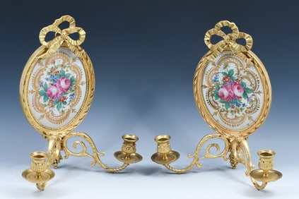 PR. FRENCH GILT BRONZE & PORCELAIN WALL SCONCES