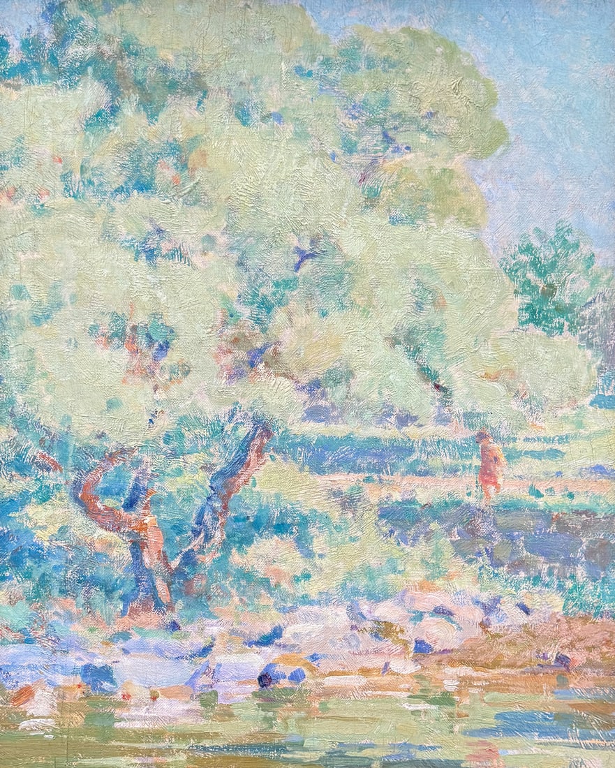 EXCEPTIONAL IMPRESSIONIST LANDSCAPE PAINTING: EXCEPTIONAL IMPRESSIONIST LANDSCAPE PAINTING: Country Landscape with Figure Waiting in a Stream, Oil/Board, 20” x 16”. Foster Brothers gilded gesso frame, 24.75” x 20.75”.