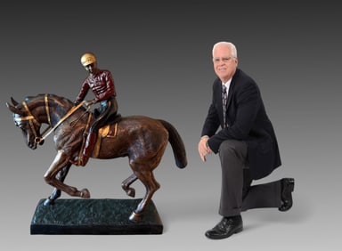 LARGE PAINTED HORSE AND JOCKEY BRONZE