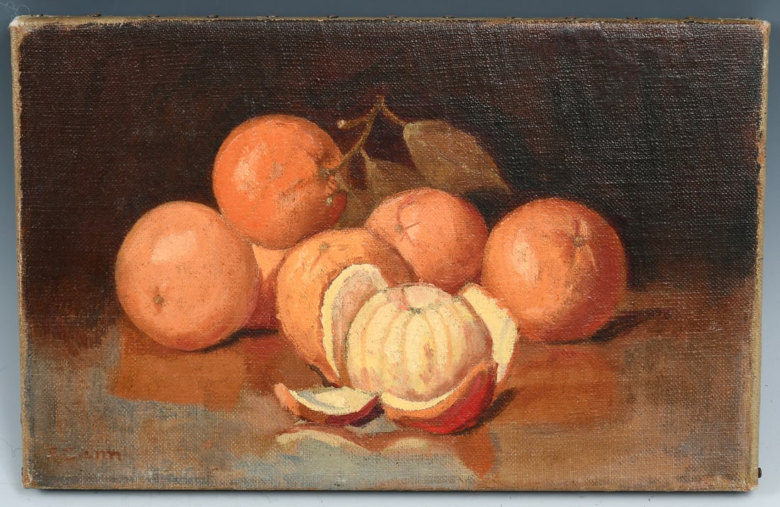 FRED CANN “PILE OF ORANGES” STILL LIFE PAINTING: CANN, Fred W., (American, 1870-???): “Pile of Oranges”, Oil/Canvas, 7.125” x 11.125”, signed lower left, unframed.