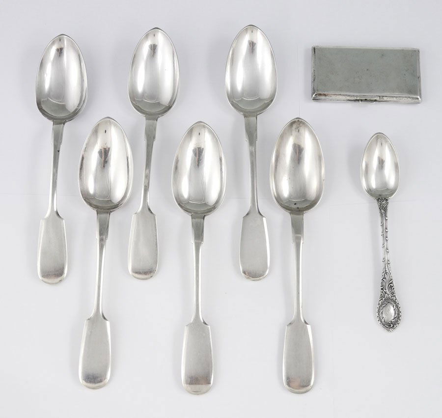 8 PIECE RUSSIAN & POLISH SILVER ITEMS: 8 PIECE RUSSIAN SILVER ITEMS: 8 total pieces to include 1) Mikhail Grachev, St. Petersburg floral motif teaspoon, monogrammed Tommy and 1898, 6'' l., 84 zolotnik. 2-7) 6 tablespoons, unknown maker wit