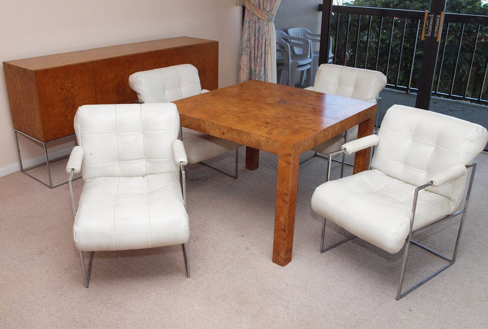 SET OF 4 CHAIRS BY MILO BAUGHMAN FOR THAYER COGGIN: SET OF FOUR CHAIRS BY MILO BAUGHMAN FOR THAYER COGGIN: White tufted leather on steel frame. 32 3/4'' h. x 22 3/4'' x 29''.