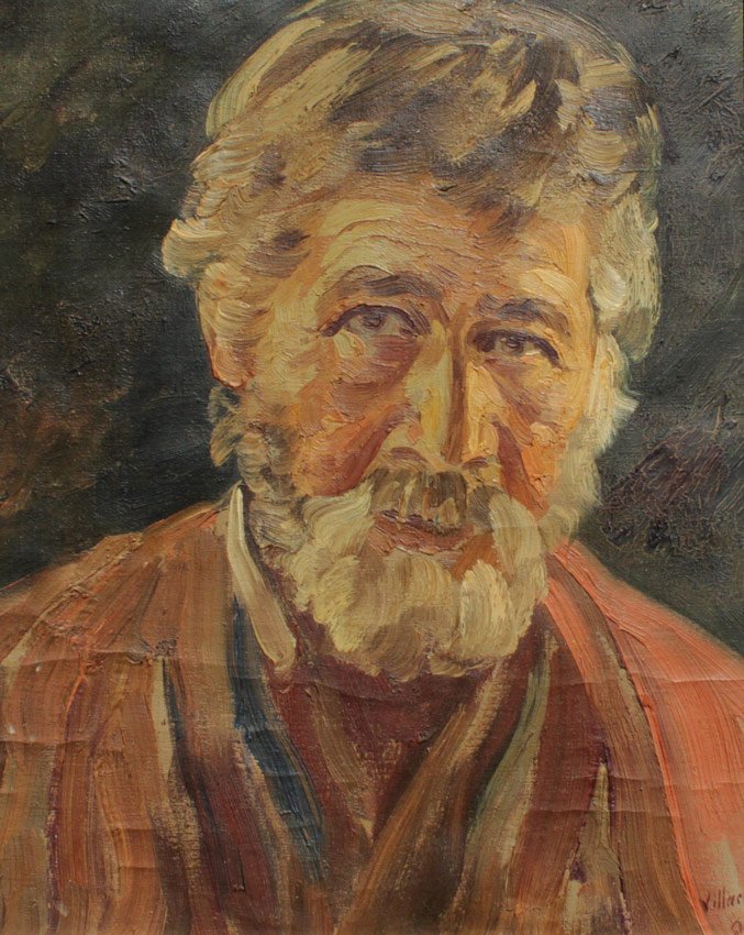 VILLACRES SELF PORTRAIT PAINTING: VILLACRES, Cesar A., (Ecuador, 1880-?): Bearded Man (Self Portrait?), Oil/Canvas, 14 1/2'' x 11 3/4'', painted gold frame with wear 17'' x 14'', this has been stretched over a wood panel, signed lower