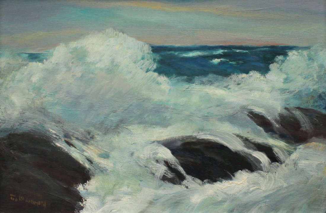 TOD LINDEMUTH COASTAL SURF PAINTING: LINDENMUTH, Tod (Raphael Leroy), (American, 1885-1976): Coastal Surf Form, Oil/Masonite, 11 1/4" x 16", signed lower left, encased in painted ornate gesso frame, 18 1/2" x 24".