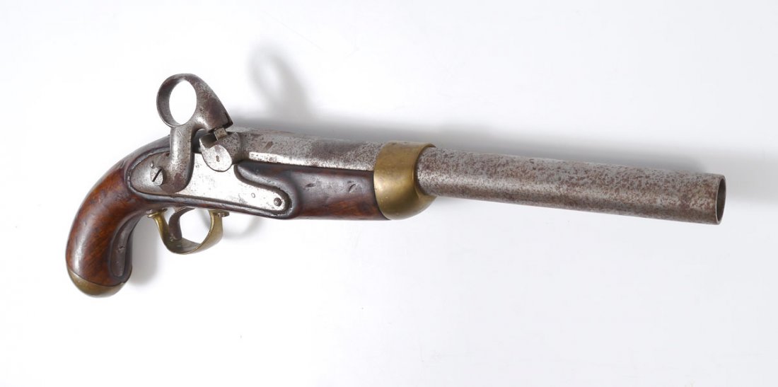 DANISH M1849 PERCUSSION SERVICE PISTOL: DANISH M1849 PERCUSSION SERVICE PISTOL: Tapered 10 7/8'' barrel with Liege proof marks, also marked 4DR.4E.N35. Walnut stock with brass furniture, illegible cartouche stamp on back side. Lockplate mar