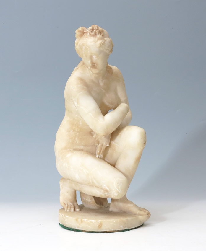 ITALIAN CARVED ALABASTER KNEELING NUDE SCULPTU: ITALIAN CARVED ALABASTER KNEELING NUDE SCULPTURE: 14" h., no visible signature, circa 1910.