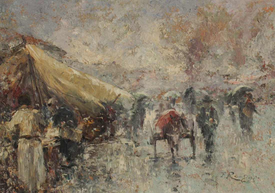 FERRUCCIO RONTINI VILLAGE PAINTING: RONTINI, Ferruccio, (Italian, 1893-1964): "Pioggia Mercato Ticcho?", Oil/Canvas, 23" x 33 1/4", signed lower right, signed and titled verso, dated '54, framed with wear 32 1/2" x 42 1/2".