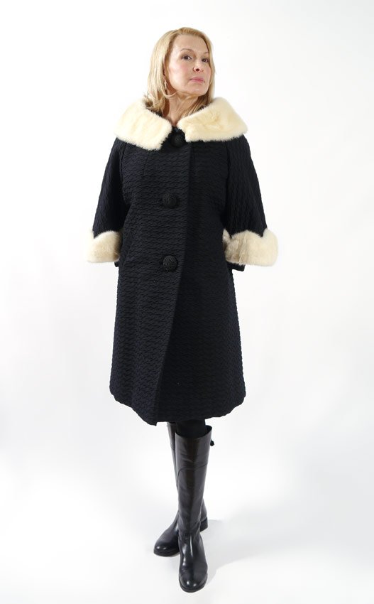 VINTAGE 1960'S FUR TRIMMED COAT: VINTAGE TEXTURED CASHMERE COAT: Ca. 1960's full length coat with white mink? fur collar and cuff. Extra large buttons. The flared sleeve is over a secondary cuffed sleeve. Approx. length collar to hem