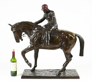 HEAVY LARGE POLYCHROMED HORSE AND JOCKEY SCULPTURE