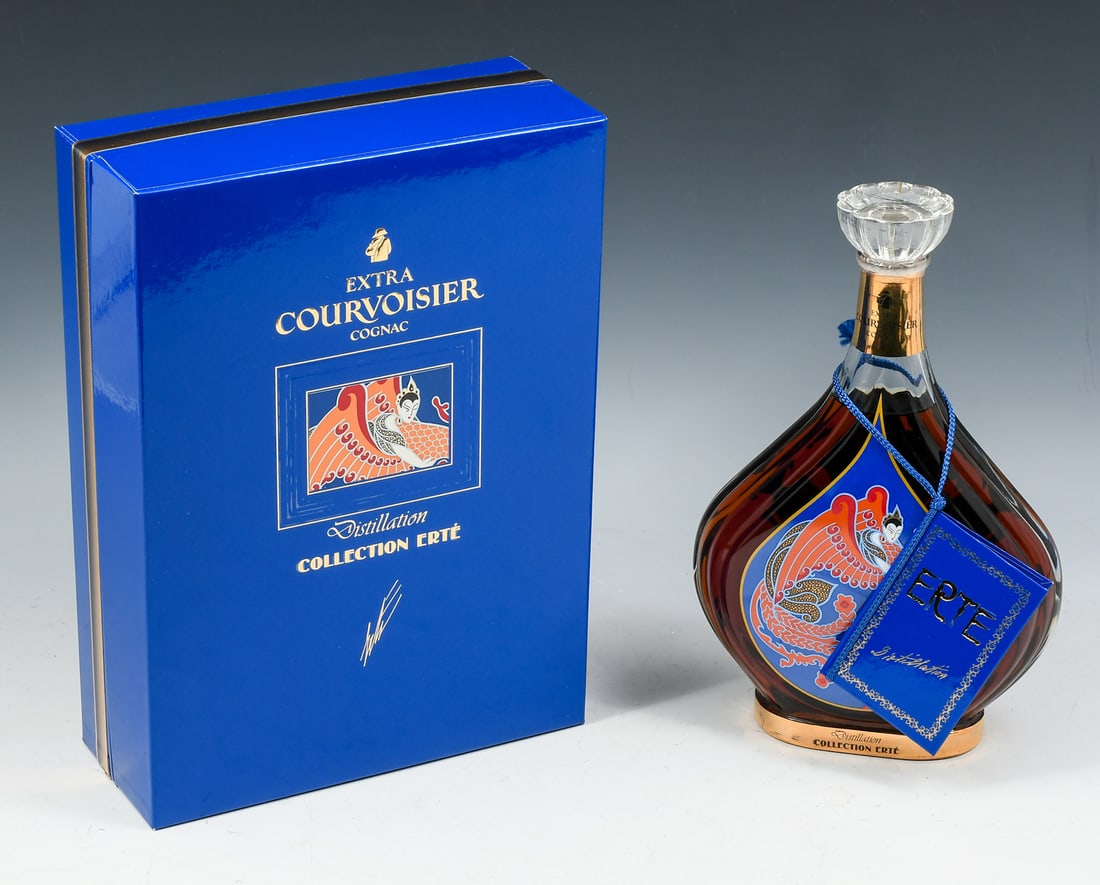 ERTE "DISTILLATION" COURVOISIER NO. 3: ERTE "DISTILLATION" COURVOISIER NO. 3: Sealed Romain 'Erte' de Tirtoff "Distillation" #3 Courvoisier Collector Cognac bottle in fitted presentation box with complete legacy booklet. Bottle Approx. 10"