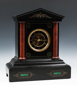 FRENCH SLATE MANTLE CLOCK WITH MALACHITE INLAY