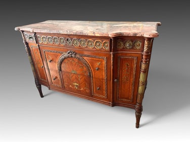 MARBLE TOP LOUIS XVI STYLE CARVED INLAID DRESSER