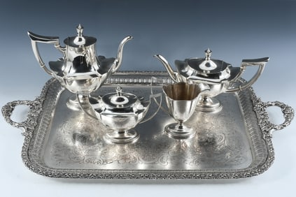 4 PC. GORHAM TEA SET & SILVERPLATE SERVING TRAY