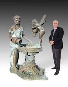 LADY AND WINGED CHERUB BRONZE FOUNTAIN