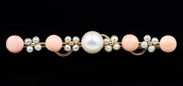 14K EDWARDIAN ANGEL SKIN CORAL & PEARL BROOCH