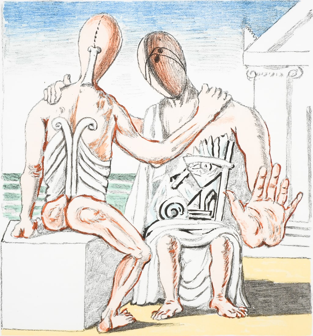 GIORGIO DE CHIRICO LITHOGRAPH: DE CHIRICO, Giorgio, (Italian/French, 1888-1978): “Colloquio Seguto”, Lithograph, sight size 17.5” x 15”, pencil signed lower right, titled mid-margin, numbered 11/99 lower left, b