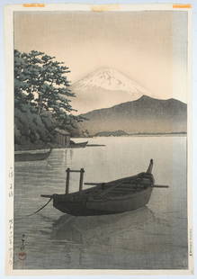 "NAGAHAMA BEACH IN MITO" KAWASE HASUI WOODBLOCK: KAWASE HASUI, (Japanese, 1883-1957): "Nagahama Beach in Mito", Woodblock print, 15.5" x 10.75", printers stamp in lower right and left margins, unframed.