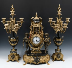 3 PC. ITALIAN BRASS FRANZ HERMEL CLOCK GARNITURE