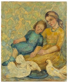 YOUNG SISTERS WITH 3 DOVES PAINTING