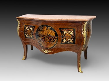MARQUETRY INLAID MARBLE TOP BOMBAY CHEST