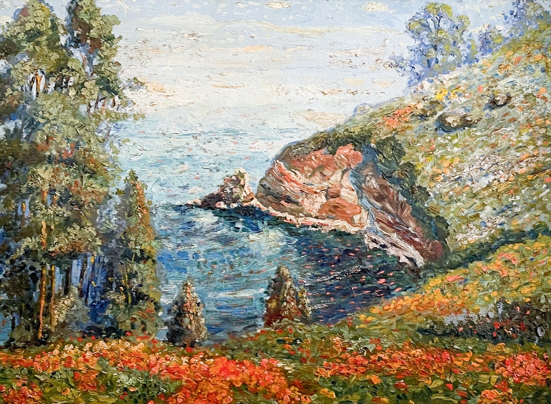 CALIFORNIA IMPRESSIONIST COASTAL COVE PAINTING: CALIFORNIA IMPRESSIONIST COASTAL COVE PAINTING: Circa 1940, Oil/Canvas, 22.25" x 30", no visible signature, encased in carved gesso frame, 28.75" x 36.5".