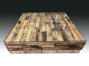 RECLAIMED WOOD & CHROMED GLASS TOP COFFEE TABLE