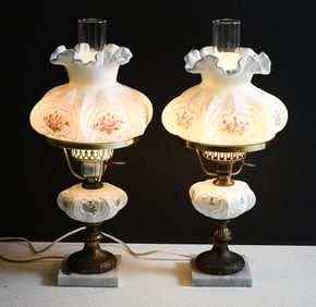 PAIR OF FENTON DECORATED ART GLASS LAMPS