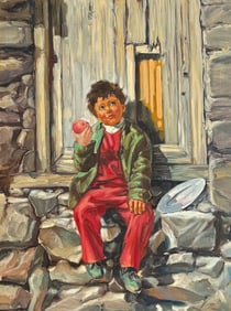 ILLEGIBLY SIGNED PAINTING OF A BOY EATING AN APPLE