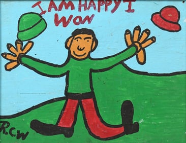 RUBY WILLIAMS FOLK ART PAINTING “I AM HAPPY I WON”