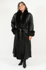 FULL LENGTH BELTED BLACK LEATHER COAT W/ FOX TRIM