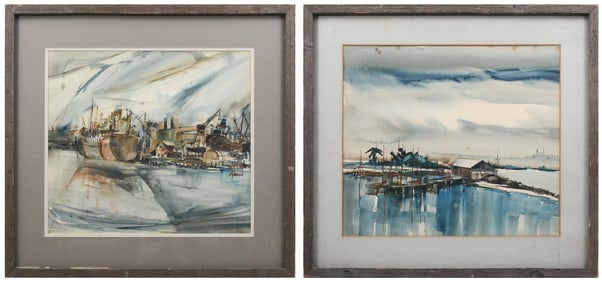 TWO FRANK FEDERICO DOCKSIDE WATERCOLOR PAINTINGS