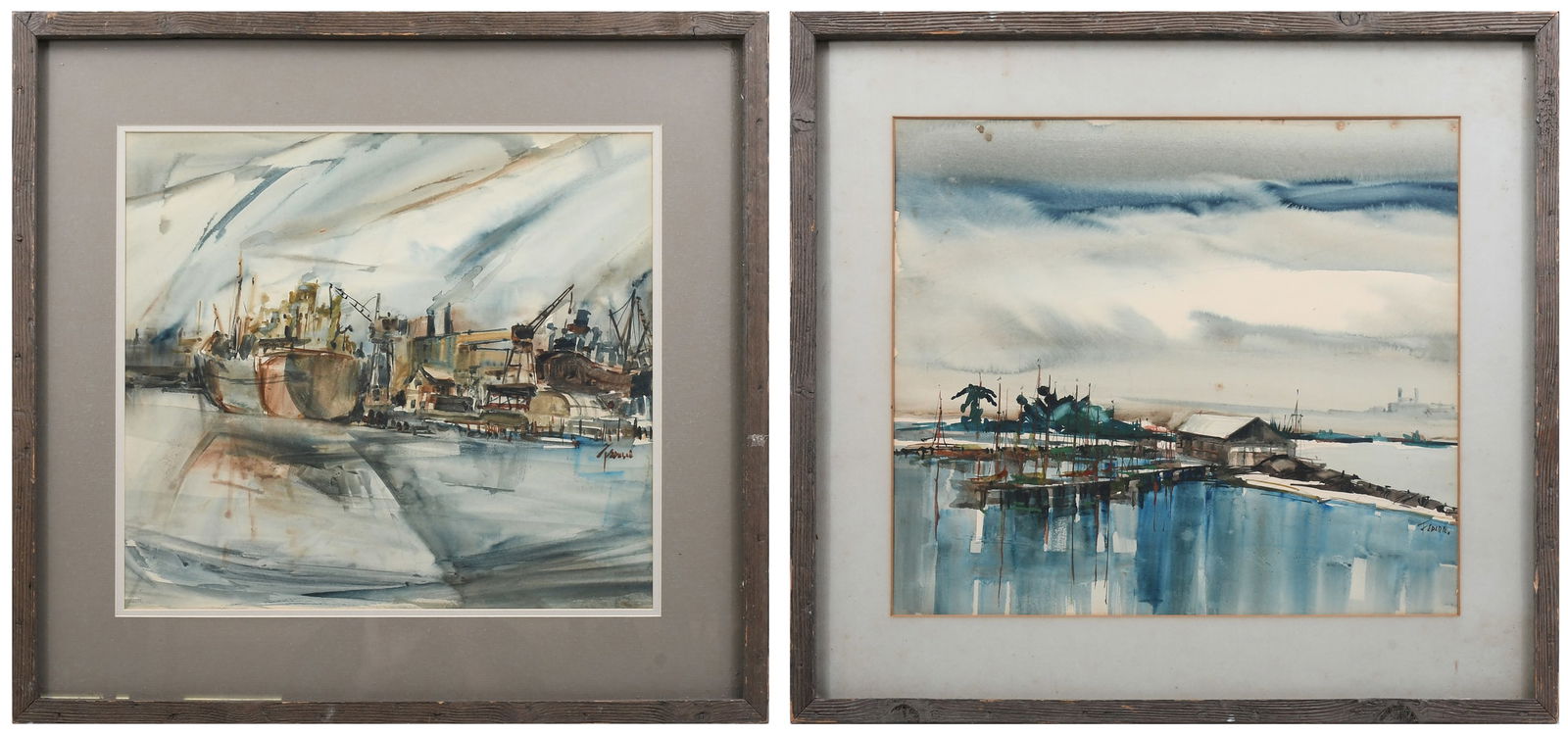 TWO FRANK FEDERICO DOCKSIDE WATERCOLOR PAINTINGS (1 of 5)
