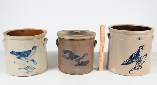 3 BIRD DECORATED AMERICAN STONEWARE CROCKS