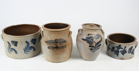 4 PC. DECORATED STONEWARE MILK & CAKE CROCKS