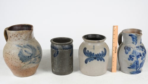 4 PC. AMERICAN DECORATED STONEWARE CROCKS