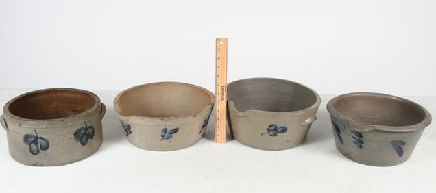 4 PC. DECORATED STONEWARE CAKE CROCKS