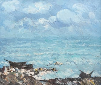 ARMENIAN? BEACH SCENE WITH BOATS PAINTING