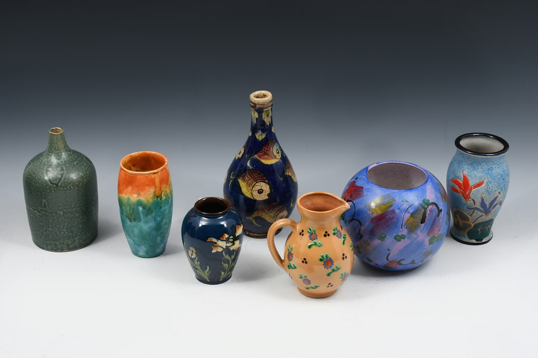 7PC. ART POTTERY LOT: 7 PC. ART POTTERY LOT: Pieces by Andy Lang, Paul Wranitzky, Amphora Crown du Cal, and Scheurich. Largest approx. 9" h.