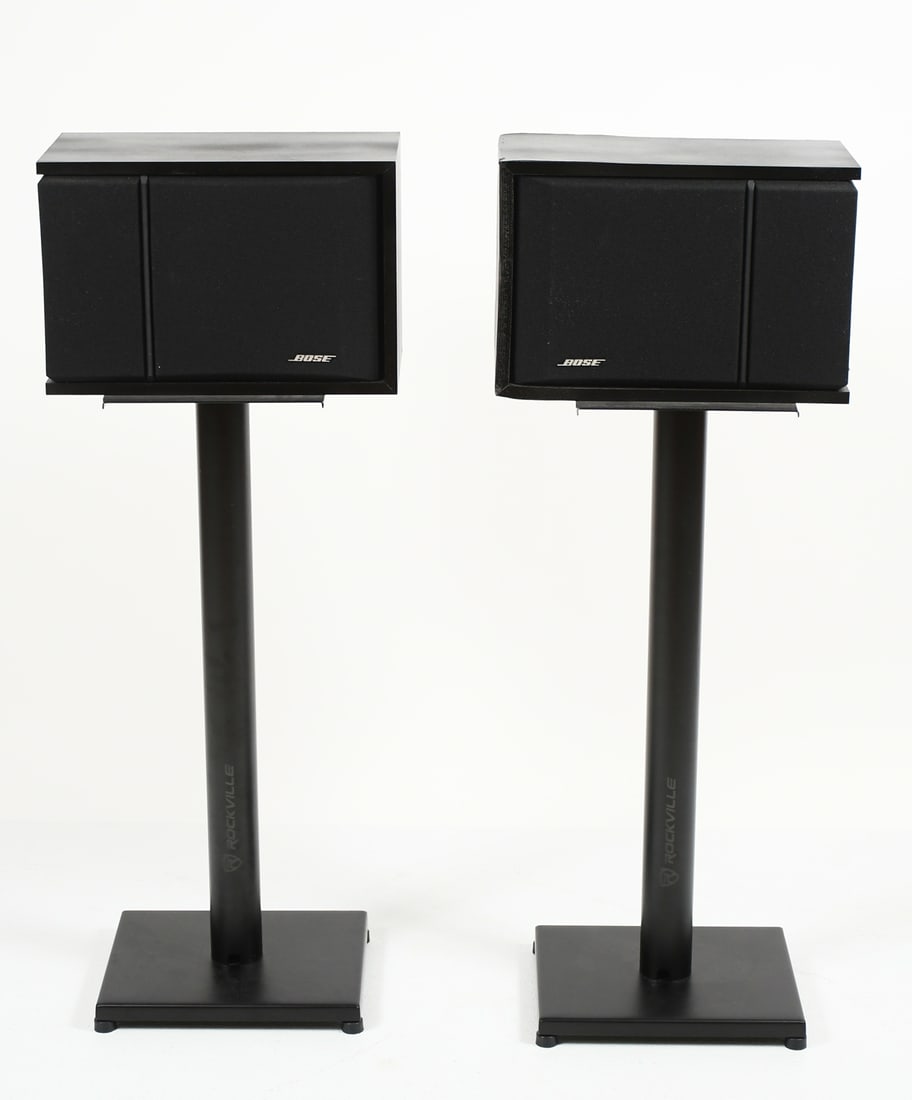 PR. BOSE 201 SERIES III SPEAKERS ON STANDS: PR. BOSE 201 SERIES III SPEAKERS ON STANDS: A pair of Bose Series III speakers resting on Black Metal "Rockville" stands. Approx. 39.25" h x 14.75" w x 10" d.