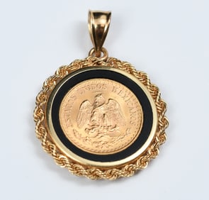 MEXICAN GOLD 2 PESO COIN IN A 14K BEZEL