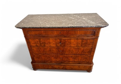 MARBLE TOP FRENCH BURLWOOD 4 DRAWER CHEST